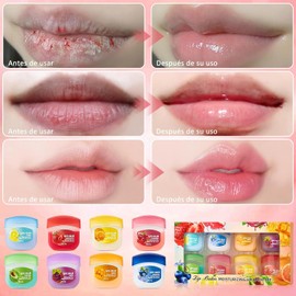Set de 8 bálsamos labiales con sabor a frutas, Set de bálsamo labial hidratante natural, rico en aceite de coco y vitamina E, Hidratación de larga duración, indicada para labios secos