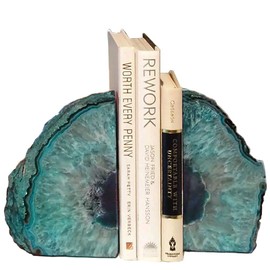 AMOYSTONE - Sujetalibros de geoda de ágata, Resistentes, con topes de Goma, Decorativos, Ideales para la decoración del hogar y Oficina, Color Verde Azulado, 1 par, 0.91 a 1.36 kg