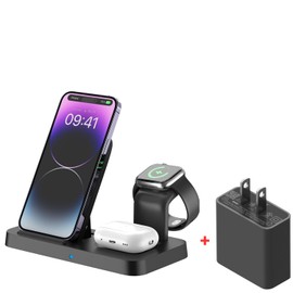 OFEEL 3 in 1 Wireless Charging Station, 15W Fast Wireless Charging Stand Compatible with Phone 15/14/13/12/11 Pro Max XR XS 8 Plus, iWatch 8/7/6/5/4/3/2/SE, AirPods Pro 3 2 (Adapter Included) (Black)