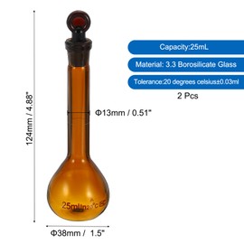 PATIKIL 25ml Volumetric Flask, 2Pcs 3.3 Borosilicate Glass Graduated Volumetric Measuring Flask with Glass Stopper Tolerance 0.31ml for Lab Experiment, Amber