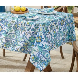 Newbridge Rectangle Fabric Tablecloth, Corfu Mediterranean Blue Paisley, 60 x 84 Inch, Indoor Outdoor Stain and Water Resistant Heavy Weight Table Cover, Shabby Chic Blue Floral