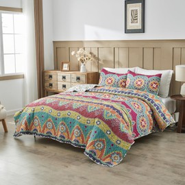 NIUDÉCOR HOME Vibrant Boho Quilt Queen Size Reversible Bohemian Striped Bedspread Comforter Microfiber Coverlet Bedding Set with Pillow Shams