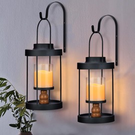 Metal Wall Sconce Candle Lantern Set of 2 - Black Wall Mounted Wood and Metal Hanging Holder with Glass & Candles Vintage Wall Decor for Porch, Living Room, Dining Room, Bedroom Indoor Decor