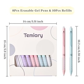 Temiary 18 Pcs Retractable Erasable Gel Ink Pens, 8 Pens & 10 Refills Aesthetic Refillable Pen with Eraser, 0.5 mm Fine Point Smooth Writing for Crossword Puzzles Journal (Black Ink)