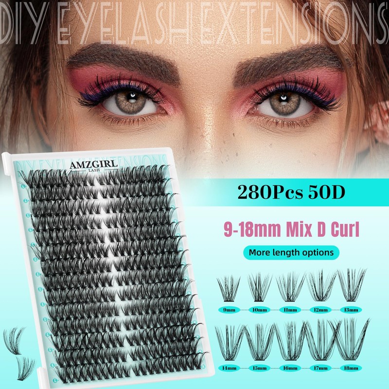 Eyelash Extensions, 280 Pieces, DIY Lash Clusters, 50D D Curl
