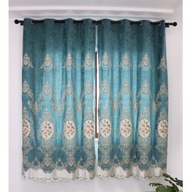 SLOW SOUL Set of 2 Panels Classical Embroidered Flowers 80% Blackout Curtains for Living Room Bedroom Dining Room Curtains High-end Chenille Curtain Grommet Top Darkcyan Cloth 49W X 84L inch