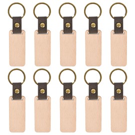 Vesaneae 12 PCS Wooden Keychains, Unfinished Blank Keychain with Leather Strap, Wood Key Tag, Wooden Accessories for Engraving DIY Painting Crafts Gifts (Rectangular)