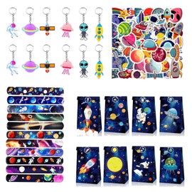 86-Piece Space Party Bag Set, Party Favours Children, Give Aways Children's Birthday with Key Ring, Snap Bracelets, Gift Bags, Stickers, for Astronaut Children's Birthday Decoration