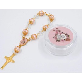SUSIE'S GARDEN 12 Baby Pink Bible Rosary Beads Beaded Pink and Gold Catholic Christian Crucifix Cross Pearl Bracelet Baptism Favors Recuerdos De Bautizo Communion Car. c