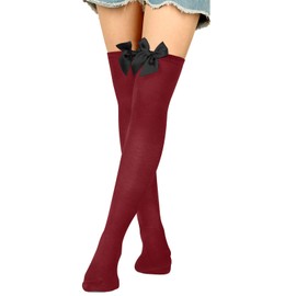 Benefeet Sox Womens Red Thigh High Socks with Bow Thigh high Stockings Colorful Cute Long Socks Crazy Over the Knee High Socks, Dark Red