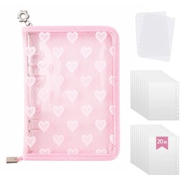 zenoco Seal Book, Transparent Binder for Girls, A5, 6 Holes, Removable, Seal Storage, Thick, Refill with Backing Paper, Set of 20, Zipper Included (Lace, Large Heart, Pink)