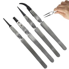 Pack of 4 Stainless Steel Precision Tweezers Electronic Fine Watchmaker Anti Static Plastic Tips, Ideal for Electronics, Watchmakers, Laboratory Work and Jewellery Making, Ergonomic