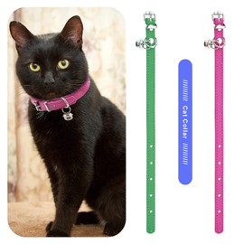 eMagTech 2PCS Cat Collar with Bell PU Leather Comfortable Kitten Collars for 15~23cm Neck Size Adjustable Length Small Pets Supplies 1cm Width Rose Red & Green
