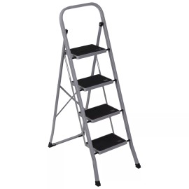 SEGAWE 4 Step Ladder Folding Step Stool Sturdy Steel Ladder w/Wide Anti-Slip Pedal Gray