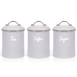 EHC Set of 3 Airtight Round Tea Sugar and Coffee Storage Canister Jars, Grey