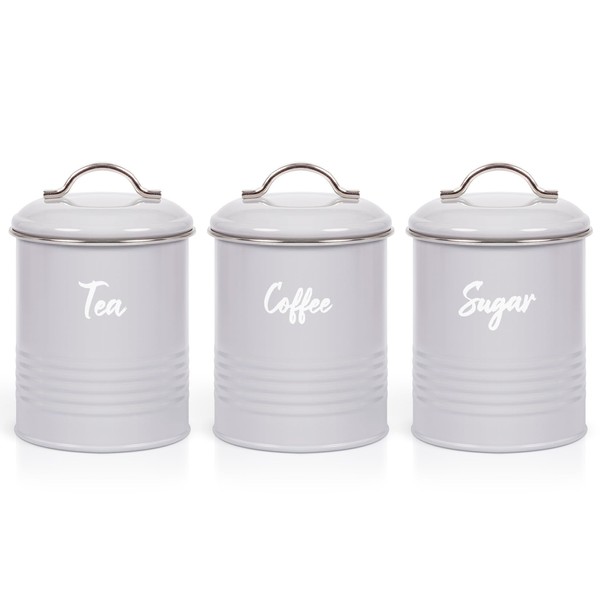 EHC Set of 3 Airtight Round Tea Sugar and Coffee Storage Canister Jars, Grey