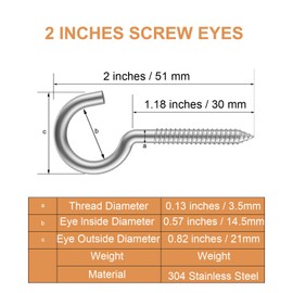 YAIRMIS 20pc 304 Stainless Steel Heavy Duty Screw Hooks, 2" Eye Bolts, Indoor/Outdoor, Wall, Wood, PVC