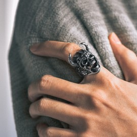 Stainless Steel Horn Skull Rings for Men Vintage Biker Cocktail Party Ring