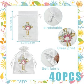 HFYZZ 40 Pcs Easter Satin Religious Gift Bags - 4 x 6 Inch He Is Risen Christian Goodie with Drawstring for Church Sunday School Easter Party Favor