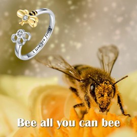 925SterlingSilver Honeycomb Bumble Bee Ring Dainty Cubic Zirconia Adjustable Open Gold Honey Bee Rings CZ Cute Animal Lucky Pinky Toe Knuckle Thumb Ring Engraved I Love You Forever Bumblebee