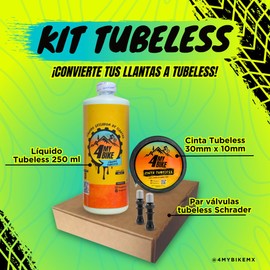 4MyBike Kit Tubeless Líquido Tubeless 250ml + Cinta Tubeless 30mm + 2 Válvulas Tubeless Tipo Americanas/Schrader