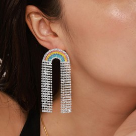 Rhinestone Rainbow Pride Earrings for Women Colorful Long Rhinestone Sparkle Rainbow Fringe Statement Earrings Bride Wedding Jewelry Gift (Silver)