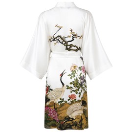 TicyLuck Women's Silk Kimono Robe Short Bathrobe Nightgown 100% Mulberry Silk for Women - Classic Floral Pattern (US, Alpha, One Size, Regular, Regular, White)