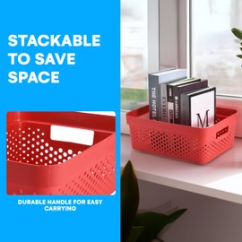 Bins & Things Plastic Storage Bin - Basket Organizer Bins - Suitable as Laundry Bin, Closet Basket, Book Shelf, Pantry Storage - Room Essentials - For Bathroom, Cabinet, & Kitchen - Set of 6 - Red