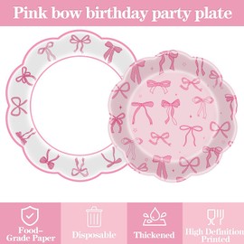 GREHUMOR Pink Bow Party Decoration Serve 25,Coquette Birthday Plates and Napkins Party Supplies for Girl,Bachelorette Bridal Engagement Baby Shower Disposable Tableware for Bow Cute Theme Party Decor