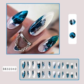 Vezocim Press on Almond Nails-24Pcs Glossy Full Cover Acrylic Fake Nails with Marble and Silver Line Designs Artificial Medium False Nails Fake Nails Glue Stick on Fingernails for Women Girls