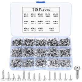 315 Pcs M3 M4 M5 Hex Head Self Tapping Screws, Phillips Hex Flange Washer Head Sheet Metal Screws, Sheet to Timber Roofing Screws for Plastic Drywall Wood Screws - Carbon Steel, Silver Screws