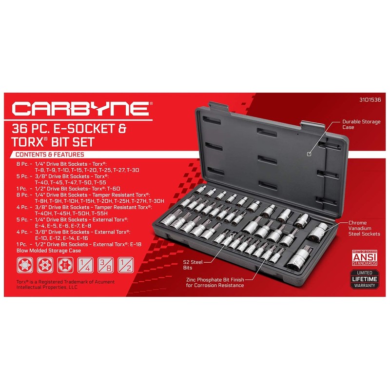 CARBYNE 36-Piece Torx Bit Socket & E-Socket Set | Includes