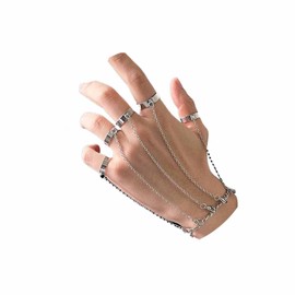 Yheakne Boho Layered Finger Ring Bracelet Silver Slave Bracelet Vintage Tassel Chain Bracelet Punk Ring Bracelet Gothic Hand Harness Chain Bracelet Jewellery for Women and Girls Gifts, Metal Wood