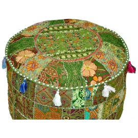 Sophia Art Indian Traditional Home Decorative Multi Ottoman Handmade and Patchwork Foot Stool Floor Cushion, Size 14 x 22Inches(Cover Only) (Green