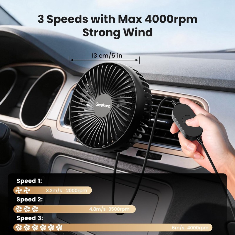 5'' USB Car Vent Fan, 3-Speed with Memory Function, 8.2ft