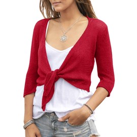 YeMgSiP Women's Tie Front Shrug 3/4 Sleeve Bolero Sheer Knotted Lightweight Cardigan Sweaters Short Shawl Tops Red