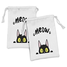 Ambesonne Cat Fabric Pouch Set of 2, Bold Meow Typography with a Funny Kitten Peaking with Paws, Small Drawstring Bag for Toiletries Masks and Favors, 9" x 6", Charcoal Grey Yellow