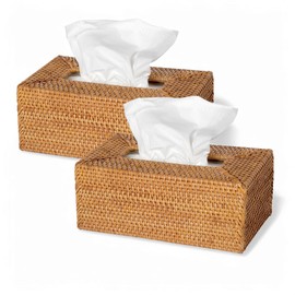 Set 2 of pcs Rectangular Rattan Woven Tissue Box Cover Holder | Handmade Rustic Tissue Paper Box Napkin Dispenser Organizer for Kitchen, Bathroom and Office with a Free Tissue Box