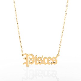 Minegreet Old English Zodiac Necklace for Women, Horoscope Birth Star Sign Letter Astrology Constellation Necklace Birthday Gift (Pisces-Gold)