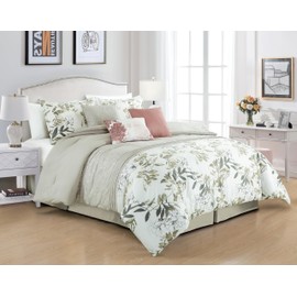 Chezmoi Collection Lily 7-Piece Floral Botanical Comforter Set California King - Floral Embroidery Multicolor Taupe-Green Gray White Botanical Leaves Printed Microfiber Lightweight Bedding Set