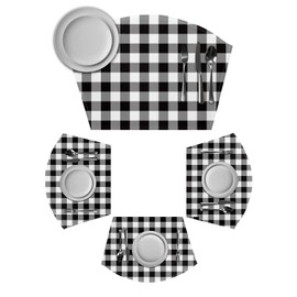Black and White Checkered Placemats Set of 4 for Dining Table, Woven Round Table Placemats, Farmhouse Buffalo Plaid Table Mats Washable Wedge Placemat Indoor/Outdoor Patio Kitchen Décor