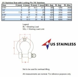 US Stainless Marine Grade Stainless Steel 316 Bow Shackle with Locking Pin 5/16" (8mm)
