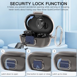 Secure Lock Case for New Bose QuietComfort Earbuds Case(2024), Clear TPU Shockproof Protective Cover for Bose QuietComfort Earbuds 2024 with Cleaning Kit& Keychain&Lanyard (Clear Gray)