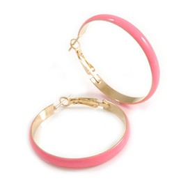 Wide Pink Enamel Hoop Earrings In Gold Tone/Medium Size/40mm D