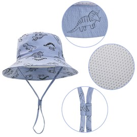 LO SHOKIM Dinosaur Baby Sun Hat Toddler UPF 50+ Summer Sun Protection Beach Hat Baby Boy Wide Brim Bucket Hat Infant Adjustable Cap (Blue, 50-52cm)