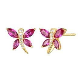 Tirafina Ruby Dragonfly Stud Earrings - Created Ruby Earrings with Created White Sapphire - July Birthstone Earrings for Women - 14K Yellow Gold-Plated Sterling Silver (5x2.5 and 4x2 Marquise Stones)