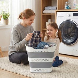 2 Pcs 42L Collapsible Laundry Baskets- Foldable Laundry Basket with Handles, Sturdy Plastic Pop Up Laundry Hamper, Space Saving Storage Container for Wet/Dry Use, Ideal for Home, Dorm, Apartment Grey