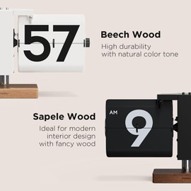 mooas Classic Modern Wood Big Flip Desk Clock (White), Retro Vintage Analog Design Auto Flip Clock Table Clock Large Number Battery Powered, Ideal for Home Office School Hotel Café