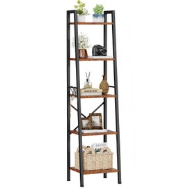 Furologee 5 Tier Ladder Shelf,Tall Bookshelf with 2 Hooks,Narrow Bookcase with Storage Shelves,Corner Shelf Free Standing Units for Bedroom,Living Room,Home Office,Kitchen,Rustic Brown