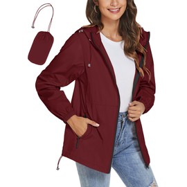 TCOT Rain Jackets for Women Waterproof Lightweight Outdoor Active Raincoat Packable Hood Windbreaker Jacket Wine Red XXL